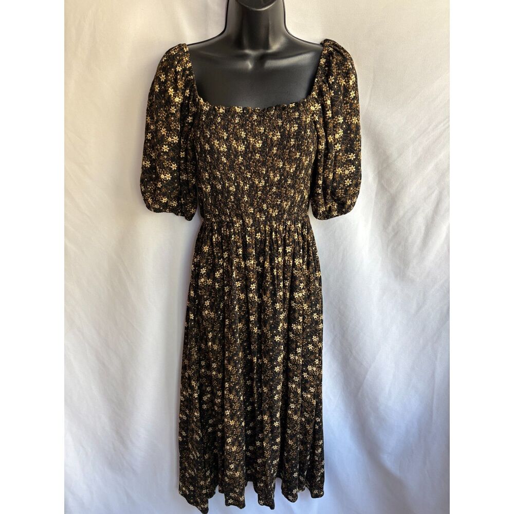 Millibon Floral Midi Dress Milkmaid Size S Prairie Cottage Romantic Black Yellow